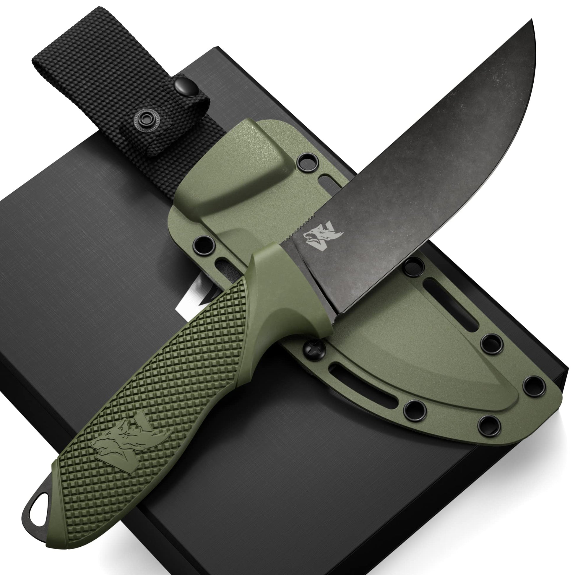 ODENWOLF W-FLAT Full Tang Survival Knife with Sheath - Stylish Tactical Fixed Blade Knife - Made of D2 Steel - Bushcraft and Camping Knife Survival - Perfect EDC Hunting Knife with TPE Handle - HEARTLESS Habits
