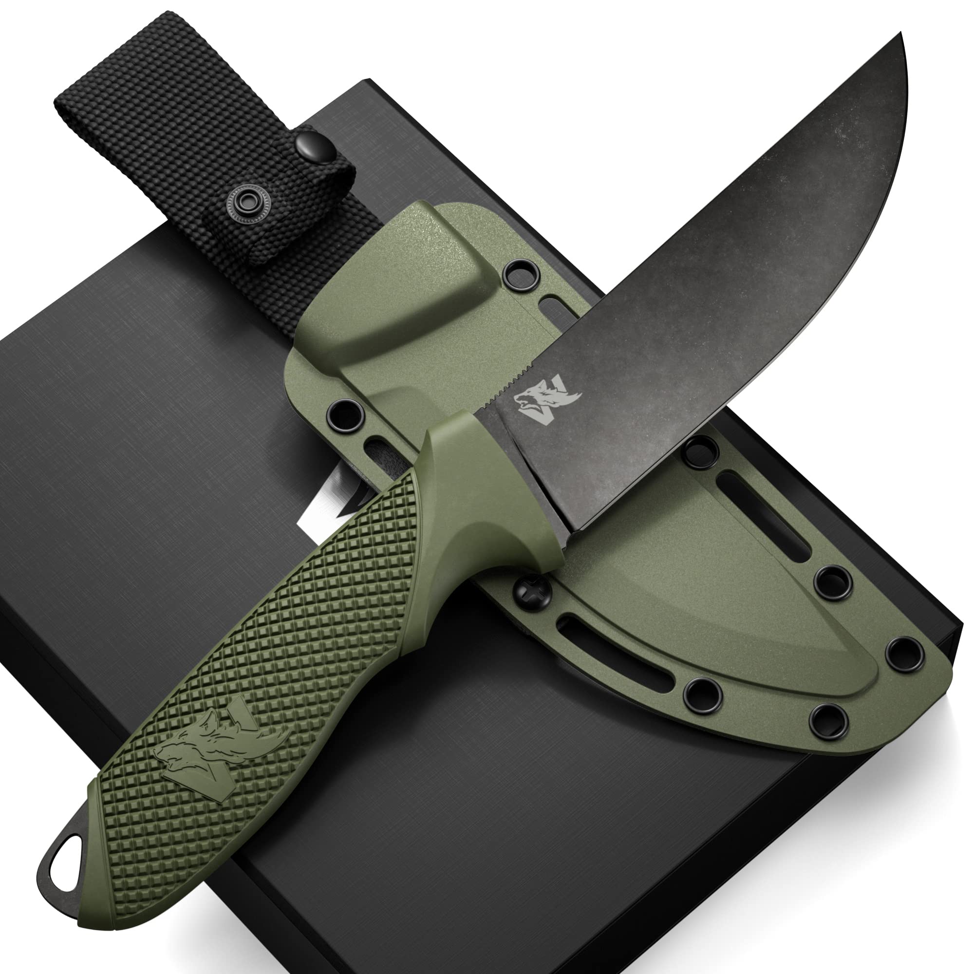 ODENWOLF W-FLAT Full Tang Survival Knife with Sheath - Stylish Tactical Fixed Blade Knife - Made of D2 Steel - Bushcraft and Camping Knife Survival - Perfect EDC Hunting Knife with TPE Handle - HEARTLESS Habits
